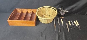 lot 24 image: Vintage Flatware and Knife Set with Wooden Organizer, Silverplate Creamer and Wicker Basket