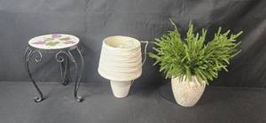 lot 32 image: Home Decor Group with Plant Stand, Small Table Lamp, and Artificial Plants