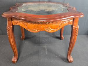 lot 36 image: Ornate Glass-Top Wood Accent Table, 25 Wide