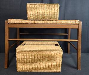 lot 41 image: Woven Storage Bench with 2 Baskets and Music CDs