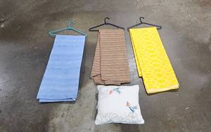 lot 52 image: Assorted Sonoma Pillow and 3 Linens Including Yellow Geometric, Brown Stripe, and Blue Patterns