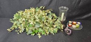 lot 59 image: Home Decor Lot with Faux Ivy Plant, Murano Like Glass Swan Dish (label is worn), Votive Candles, and Ornate Candle Holder