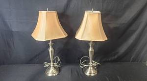lot 61 image: Pair of Table Lamps with Beige Fabric Shades