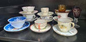 lot 86 image: Collection of Vintage Teacups, Saucers, and Glassware Including Royal Stafford, Merit, Royal Albert