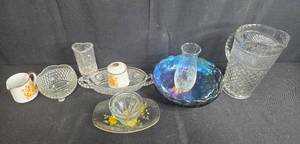lot 89 image: Collection of Vintage Glassware and Ceramics Including Pitcher, Bowls, and Decorative Cup
