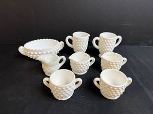 lot 111 image: Vintage Hobnail Milk Glass Miniature Tea Set, 8 Pieces