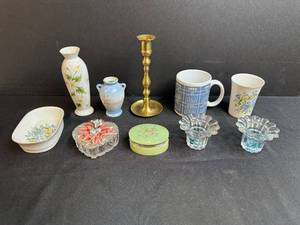 lot 114 image: Assorted Decorative Home Decor Lot with Vases, Candlestick, Mugs, and Glassware