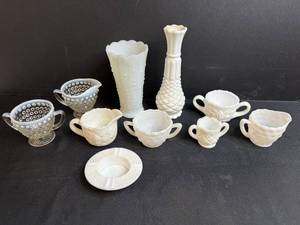 lot 115 image: Vintage Milk Glass and Opalescent Glass Creamers, Vases, and Dishes Collection