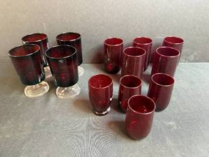 lot 124 image: Set of Vintage Ruby Red Glasses Including Stemware and Tumblers