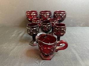 lot 125 image: Set of Vintage Ruby Red Pressed Glass Goblets with Creamer