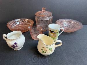 lot 129 image: Collection of Pink Depression Glass and Vintage Porcelain Creamers and Mugs