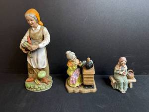 lot 139 image: Set of 3 Vintage Ceramic Figurines Country Women with Vegetables and Sewing Scenes