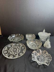 lot 141 image: Collection of Vintage Pressed Glass Decorative Dishes and Bell