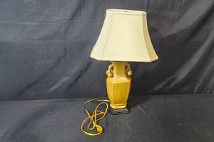 lot 145 image: Vintage Yellow Ceramic Table Lamp with Cream Fabric Shade