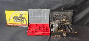 lot 148 image: Vintage Powr-Kraft Saber Saw, Craftsman Drill, Hardware Organizer, and BSA Bantam Sign Set