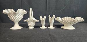 lot 179 image: Set of 5 Fenton Hobnail Milk Glass Vases and Basket