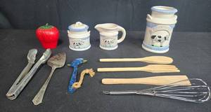 lot 182 image: Vintage Cow-Themed Ceramic Kitchen Set with Utensils and Strawberry Timer