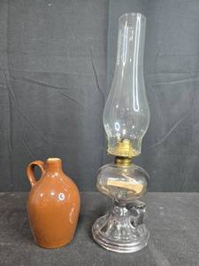 lot 206 image: Antique Glass Oil Lamp and Small Brown Crock Jug