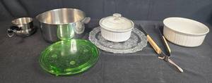 lot 210 image: Kitchenware Set with Stainless Pot, Depression Glass Dishes (one Green), Ceramic Bakeware, and Utensils