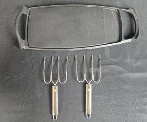 lot 211 image: Cast Iron Griddle with 2 Meat Forks and Inflation Needle