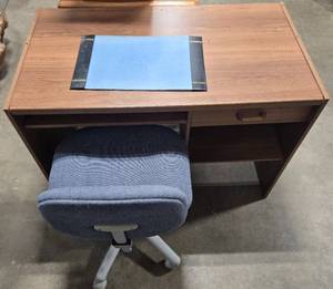 lot 215 image: Wooden Desk with Drawer, Side Shelf, Chair, and Desk Pad - 46x24x30 Inches