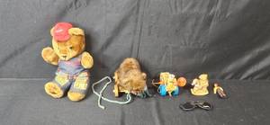 lot 221 image: Vintage Toy Lot Plush Bear, Pull Toys, Hot Wheels Sunglasses, Figurines, and Doll