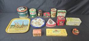 lot 222 image: Collection of Vintage Decorative and Holiday Tin Containers and Tray