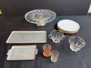 lot 230 image: Vintage Glass Dessert Set with Plates, Cake Stand, Trays, and Serving Pieces
