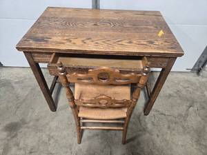 lot 235 image: Wooden Writing Desk with Drawer and Vintage Chair Set