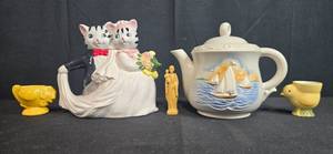 lot 239 image: Collection of Decorative Teapots, Miniature Bird Cups, and Statuette Inc VTG Porcelier & Pottery Barn