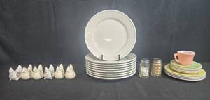 lot 240 image: Williams-Sonoma Pantry Essentials Dinner Plates, Chicken Napkin Rings, Salt & Pepper Shakers, and Pastel Dish Set - display not inc