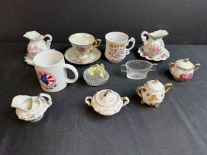 lot 244 image: Collection of Vintage Miniature China Creamers, Cups, Sugar Bowls, and Glass Dishes Inc Norcrest