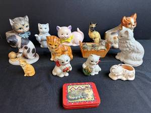 lot 245 image: Collection of Cat Figurines and Decorative Tin