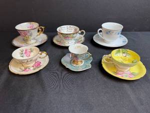 lot 246 image: Set of 6 Vintage Porcelain Teacups and Saucers with Floral Designs Inc Belleek