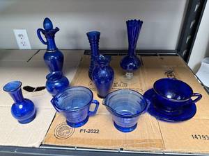 lot 249 image: Collection of Cobalt Blue Glass Vases, Pitchers, and Tableware