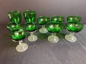 lot 250 image: Set of Vintage Green Glass Goblets and Sherbet Cups with Hobnail Pattern Base