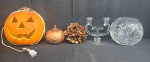 lot 257 image: Halloween and Autumn Decor Set with Light-Up Jack-O-Lantern, Glass Candleholder, and Crystal Bowl