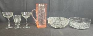 lot 258 image: Vintage Glassware Lot with Goblets, Pitcher, and Decorative Bowls