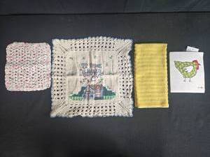 lot 259 image: Set of Vintage and Modern Kitchen Linens with Chicken Print Cloth