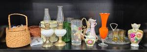 lot 265 image: Assorted Vintage Glassware, Porcelain Vases, Pitchers and Wicker Baskets Collection