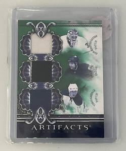 lot 119 image: Artifacts 1840 Triple Patch Card Including Jean-Sabastien Giguere, Phil Kessel And Tomas Kaberle Double Sleeved