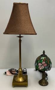 lot 130 image: Two Small lamps One With Ornate Stainglass Shade 1 24 Tall,  1 11 14 Tall