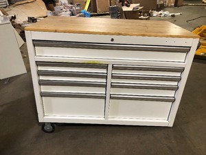 lot 11 image: Husky Rolling Tool Box in White Missing Wheels and No Keys Customer Returns See Pictures
