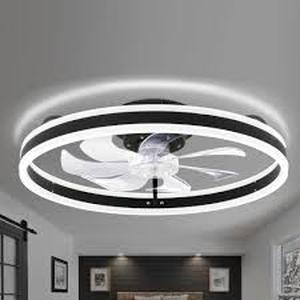 lot 55 image: Oaks Aura 20in. LED Indoor Black Bladeless Low Profile Ceiling Fan Flush Mount Smart App Remote Control Dimmable Lighting Customer Returns See Pictures