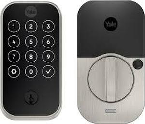 lot 46 image: Yale Assure Lock 2  Satin Nickel Smart Lock for Front Door with Keypad and Adjustable Entry Codes (No Wi-Fi) and Deadbolt  Secure Keyless Entry Door Lock, YRD420-BLE-619   Customer Returns See Pictures