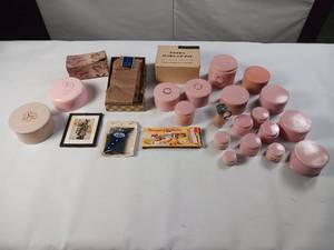 lot 40 image: Made in MPLS Katherine Noble empty vintage cosmetic containers -  hairpins � some cosmetic containers full � thigh high NIB Cotton USA socks
