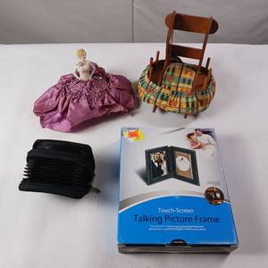 lot 84 image: Doll house Thread Holder and Vintage Pin Cushion and Suede wallet with touchscreen talking picture frame