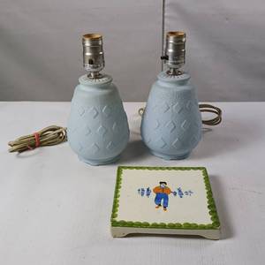 lot 93 image: German Black Forest Hand Painted Trivet plus two 8 inch Lamps