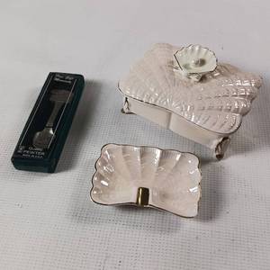 lot 106 image: Vintage cigarette box with matching ashtray, opalescence finish. Cuter collectible spoon from Williamsburg Virginia Wetherburns Tavern