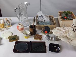 lot 151 image: Heavy cut crystal - Large lot of glass Mason Jar Lids - mortar pestle - Vintage Make Up - Nieman Marcus Mirror - Dutch Collectible - Red Wing